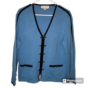 St John Knit Blue Sweater Cardigan Size 8 Academia Quite Luxury Black Ornate